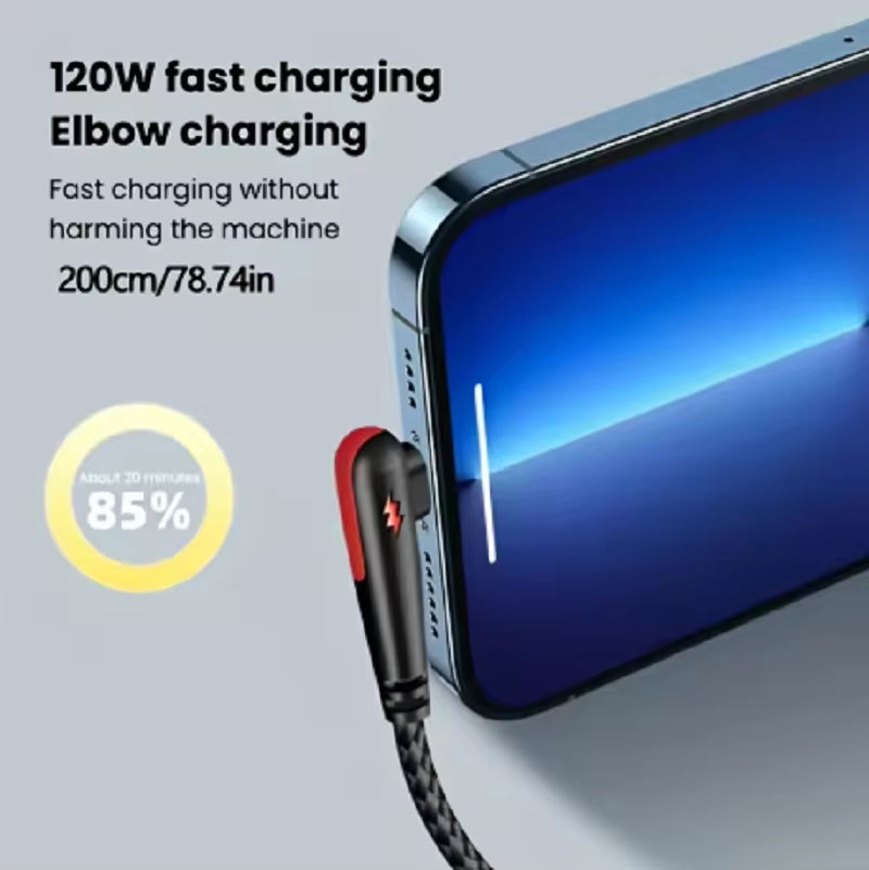120W USB to Type-C Fast Charging Cable 90Degree Elbow Design Nylon Braided Mobile Phone Data Cord for Huawei Oppo Xiaomi Samsung