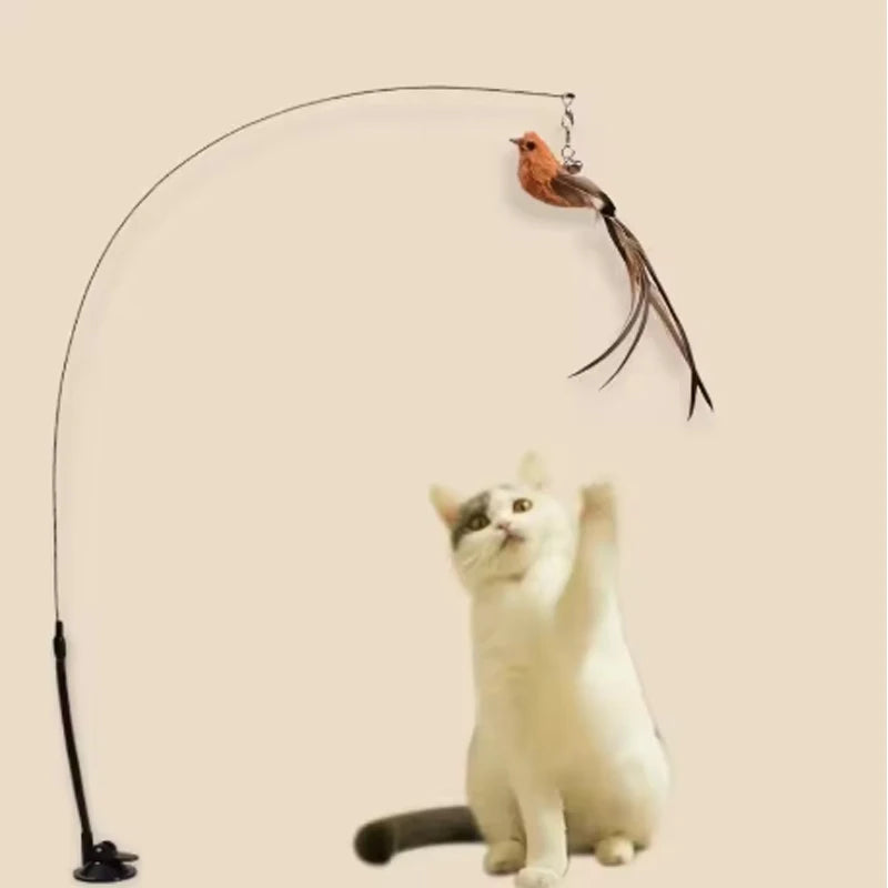 Cat Toys Cat Self-Sexy Feather Suction Cup Teasing Cat Stick with Bell Bird Replacement Head Resistant to Bite Pet Cat Dog Toys