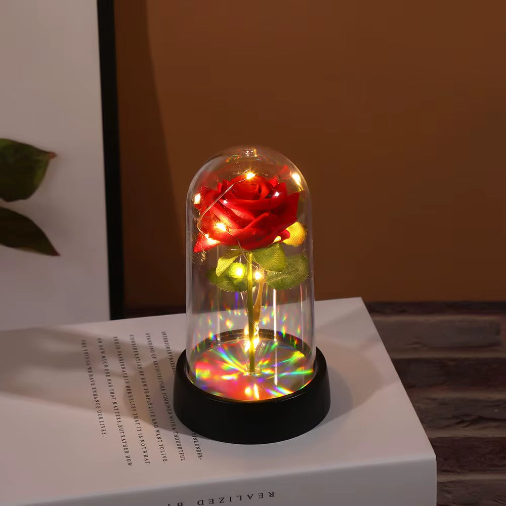 Artificial Flowers LED Red Rose Creative Valentine'S Day Gift Rose in Glass Cover with Stand Light up Rose Wedding Galaxy Rose