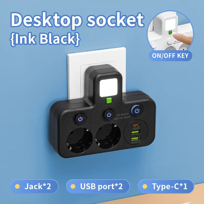 EU Plug Outlet 4 Sockets Multitap Wall Power Strip Electrical Socket 2 USB 1 Type-C Ports No Extension Cord with 2500W MAX Power