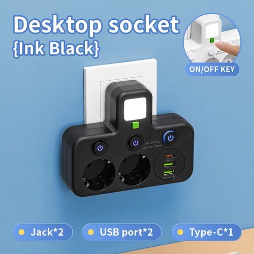 EU Plug Outlet 4 Sockets Multitap Wall Power Strip Electrical Socket 2 USB 1 Type-C Ports No Extension Cord with 2500W MAX Power
