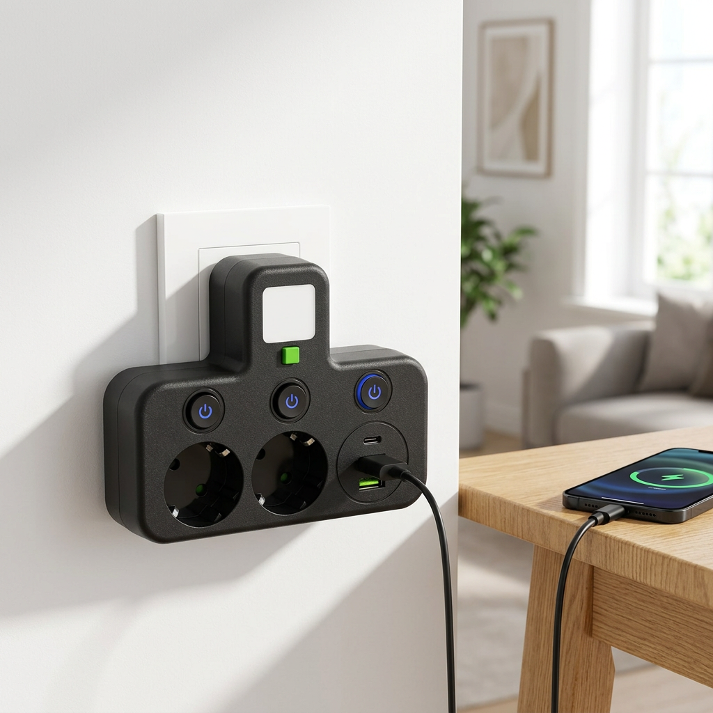 Adaptador de Enchufe Múltiple con USB y USB-C