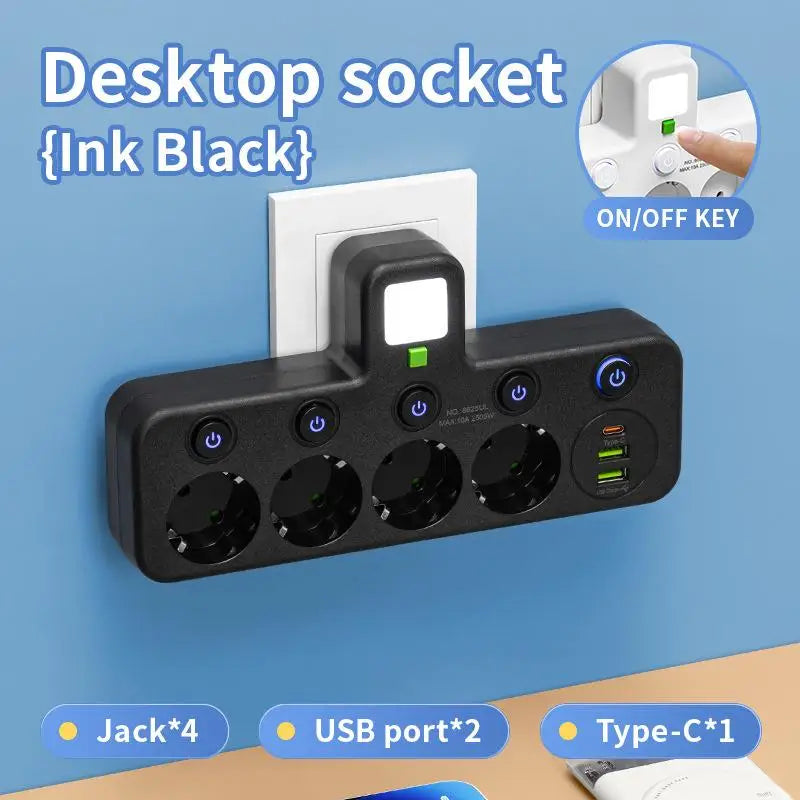 EU Plug Outlet 4 Sockets Multitap Wall Power Strip Electrical Socket 2 USB 1 Type-C Ports No Extension Cord with 2500W MAX Power