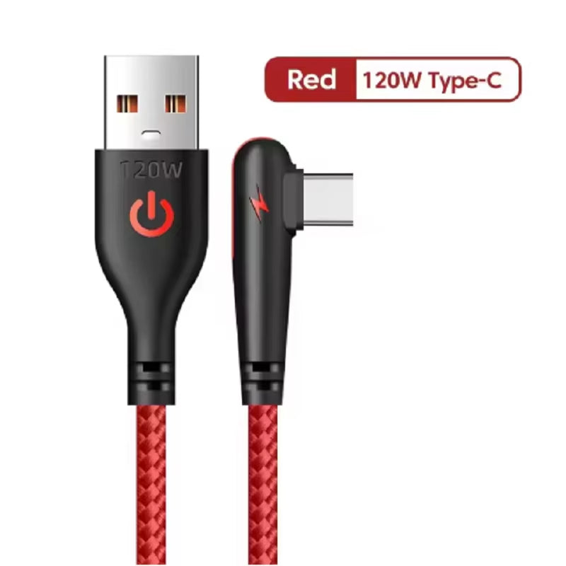 120W USB to Type-C Fast Charging Cable 90Degree Elbow Design Nylon Braided Mobile Phone Data Cord for Huawei Oppo Xiaomi Samsung