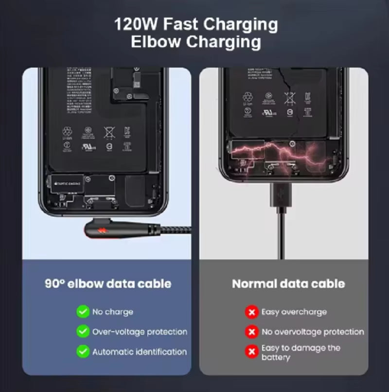 120W USB to Type-C Fast Charging Cable 90Degree Elbow Design Nylon Braided Mobile Phone Data Cord for Huawei Oppo Xiaomi Samsung