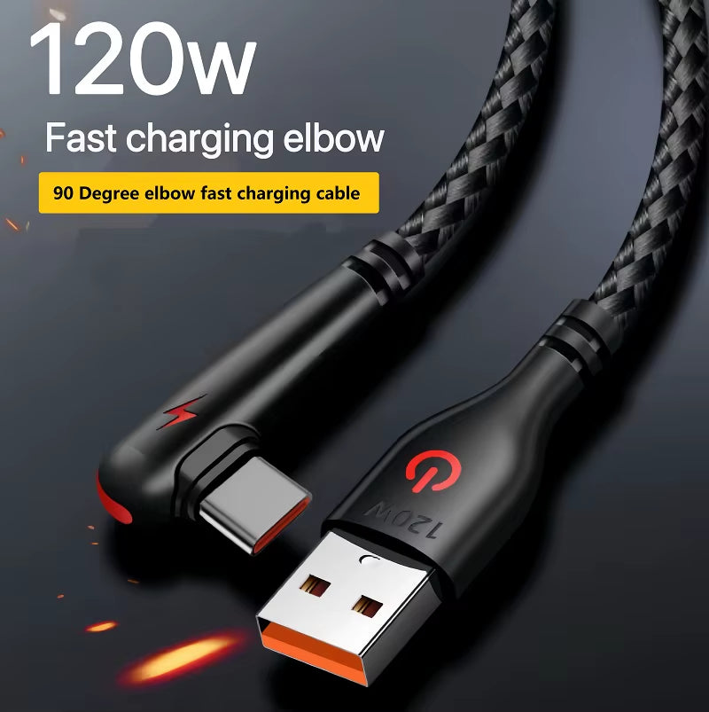120W USB to Type-C Fast Charging Cable 90Degree Elbow Design Nylon Braided Mobile Phone Data Cord for Huawei Oppo Xiaomi Samsung