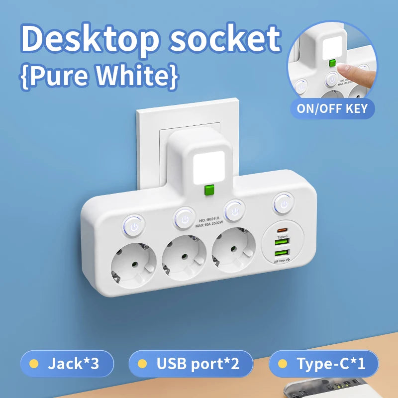 EU Plug Outlet 4 Sockets Multitap Wall Power Strip Electrical Socket 2 USB 1 Type-C Ports No Extension Cord with 2500W MAX Power