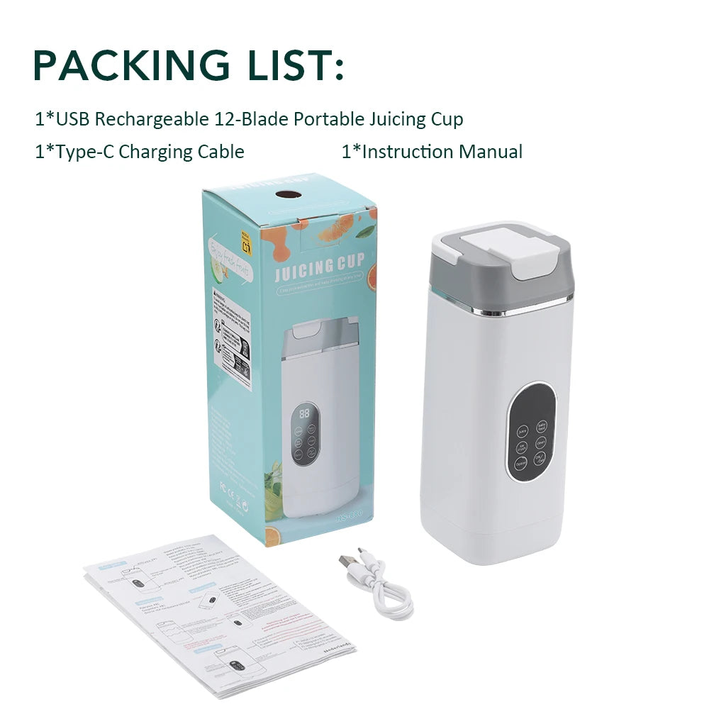 6 Blades Electric Juicer Cup with 2 Cups for Travel Portable Juicer Mixer Usb Charge Fresh Fruit Juice Personal Blender Smoothie