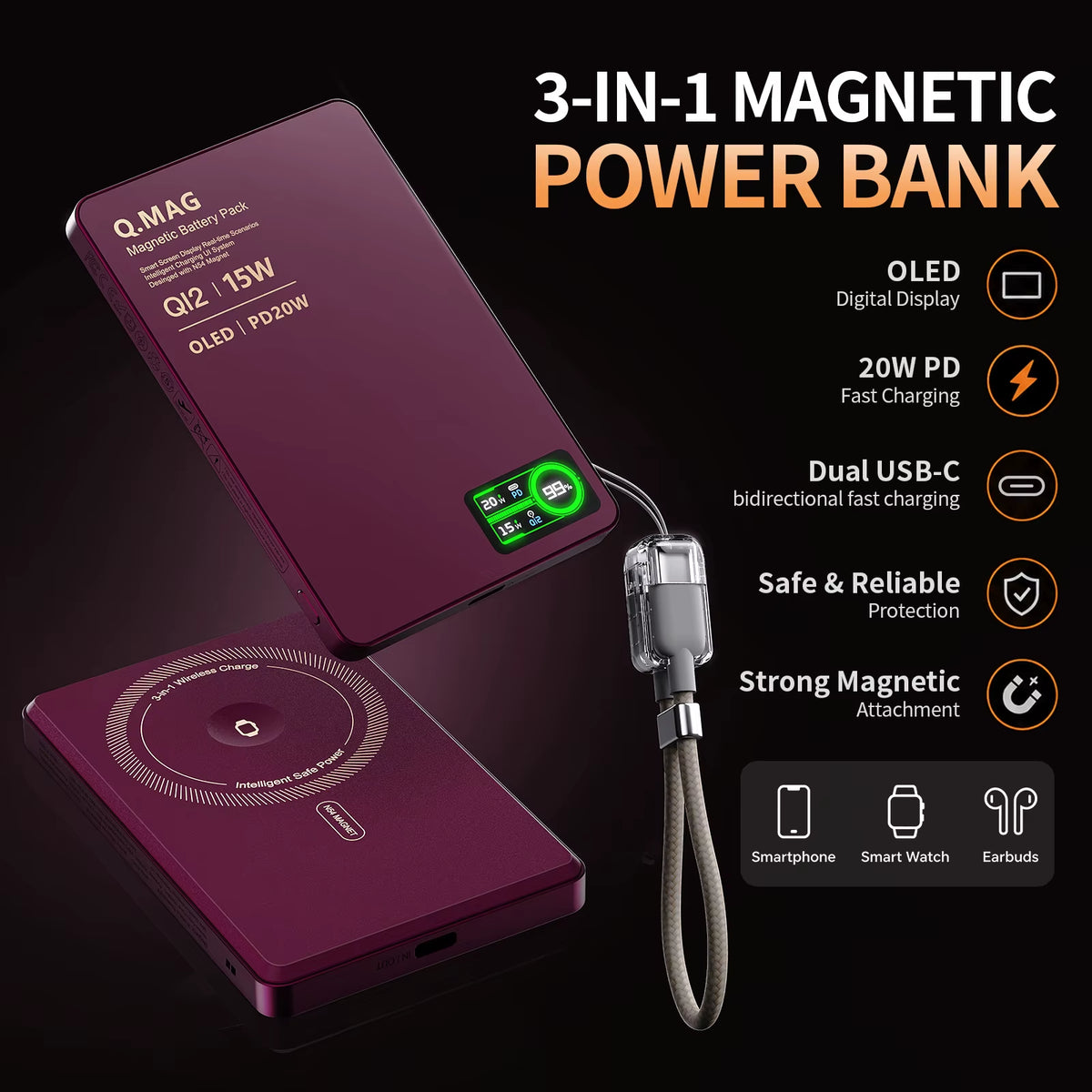 Wireless Magnetic Powerbank Fast Charing Spare Portable External Battery for Iphone 12-17 Promax Watch Airpods 5000/10000Mah
