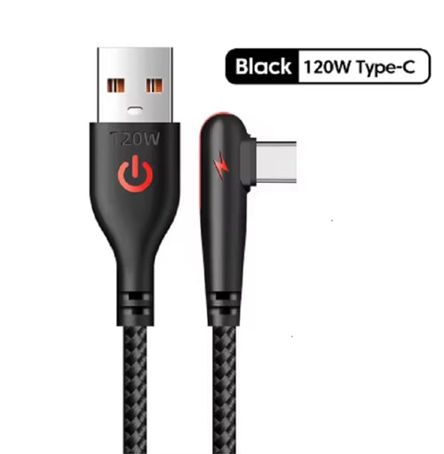 120W USB to Type-C Fast Charging Cable 90Degree Elbow Design Nylon Braided Mobile Phone Data Cord for Huawei Oppo Xiaomi Samsung