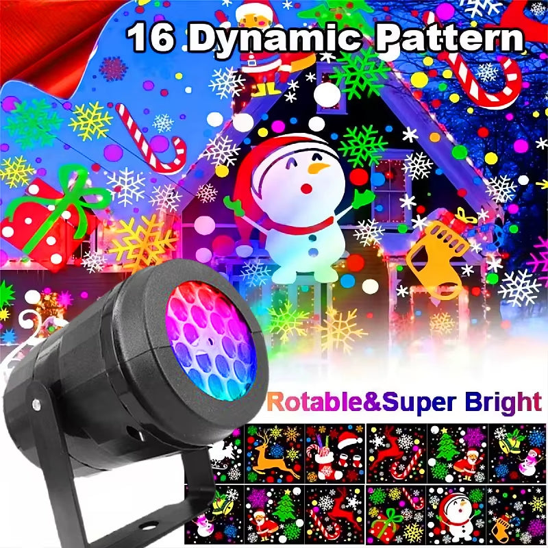 1Pc Snowflake Christmas Laser Projector Light,16 Patterns Waterproof Rotating Christmas LED Stage Lights Christmas Decoration