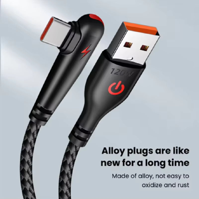120W USB to Type-C Fast Charging Cable 90Degree Elbow Design Nylon Braided Mobile Phone Data Cord for Huawei Oppo Xiaomi Samsung