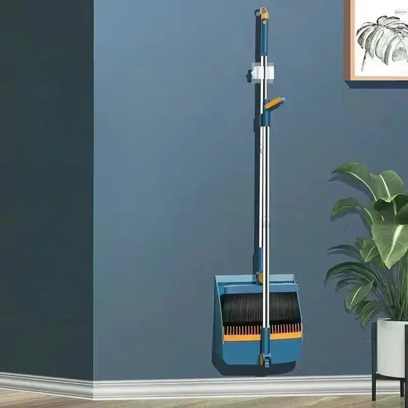Long Handle Broom with Dustpan Set 180-Degree Angle Adjustment Stiff Bristles Buckle Type Broom Dustpan Set with Scraping Teeth