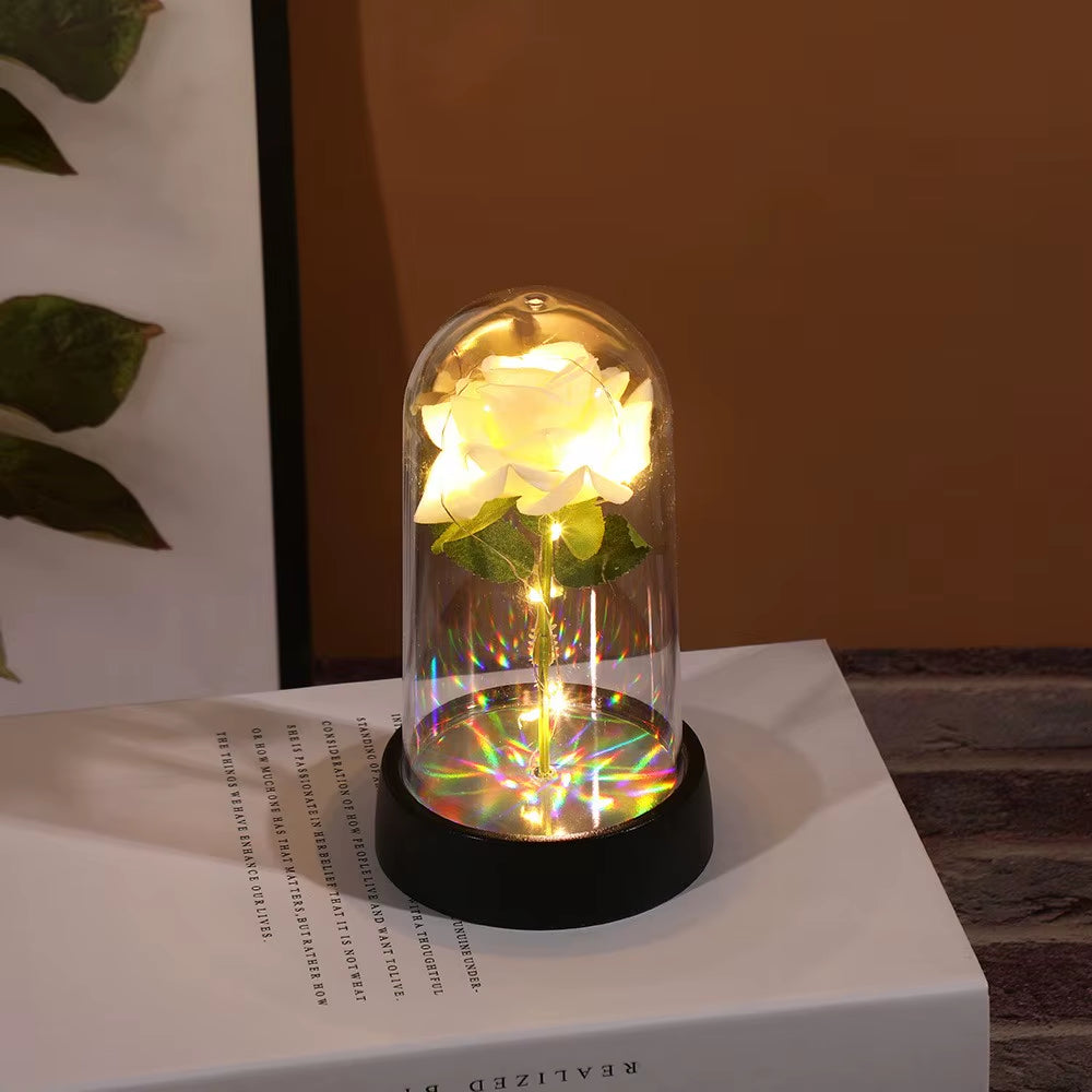 Artificial Flowers LED Red Rose Creative Valentine'S Day Gift Rose in Glass Cover with Stand Light up Rose Wedding Galaxy Rose