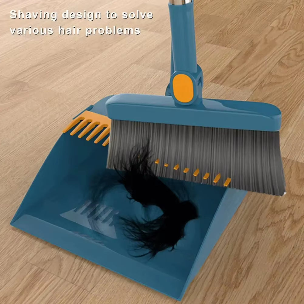 Long Handle Broom with Dustpan Set 180-Degree Angle Adjustment Stiff Bristles Buckle Type Broom Dustpan Set with Scraping Teeth