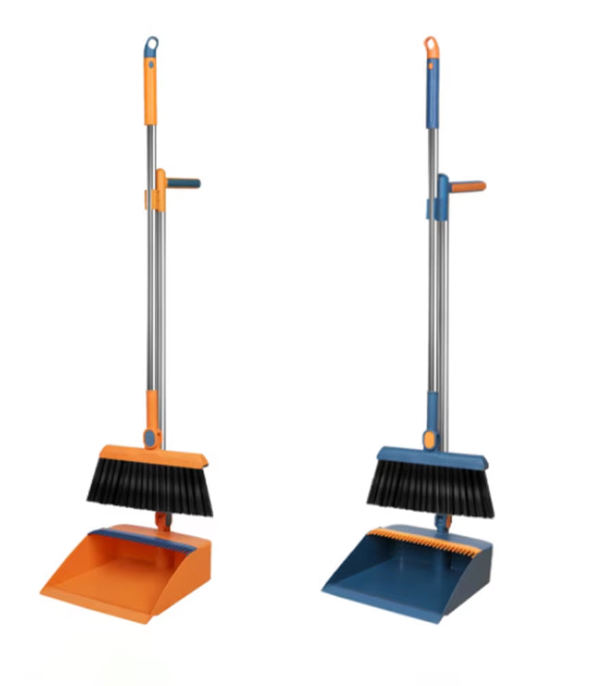 Long Handle Broom with Dustpan Set 180-Degree Angle Adjustment Stiff Bristles Buckle Type Broom Dustpan Set with Scraping Teeth