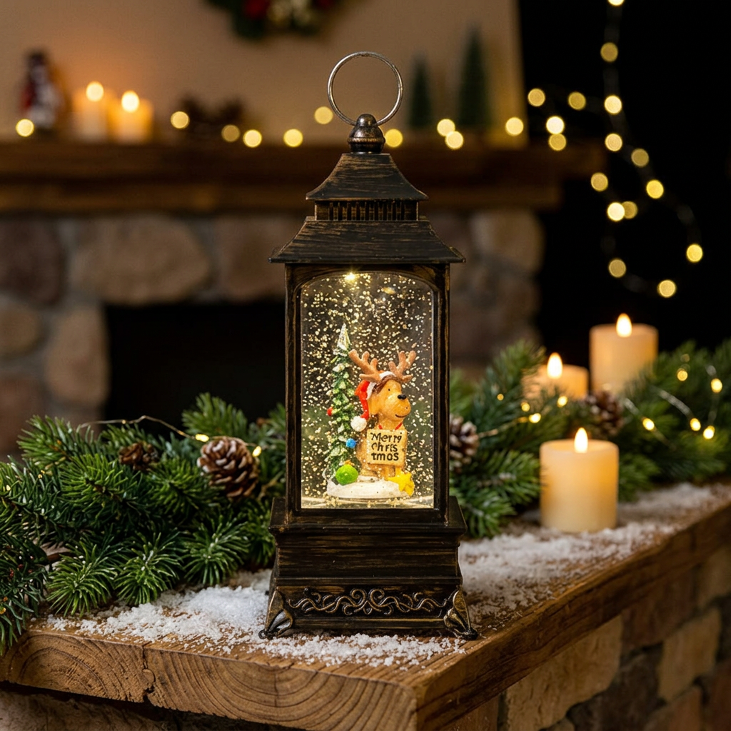 Farol Navideño con Bola de Nieve, Luz LED y Música