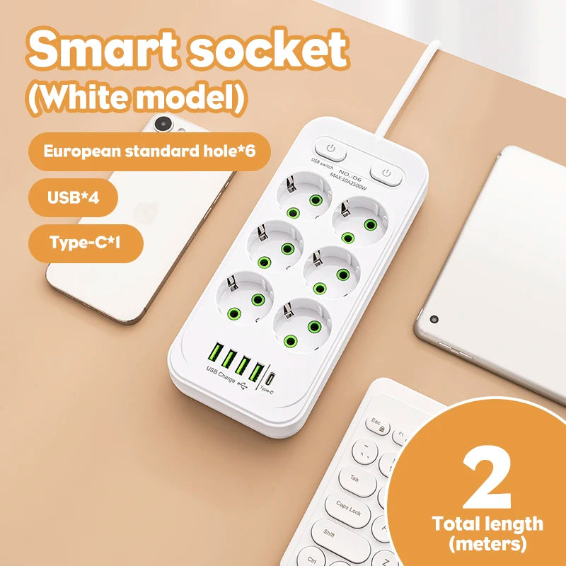 EU Plug Outlet 4 Sockets Multitap Wall Power Strip Electrical Socket 2 USB 1 Type-C Ports No Extension Cord with 2500W MAX Power