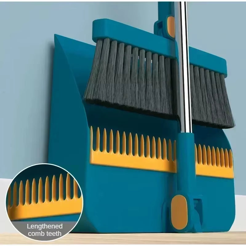 Long Handle Broom with Dustpan Set 180-Degree Angle Adjustment Stiff Bristles Buckle Type Broom Dustpan Set with Scraping Teeth