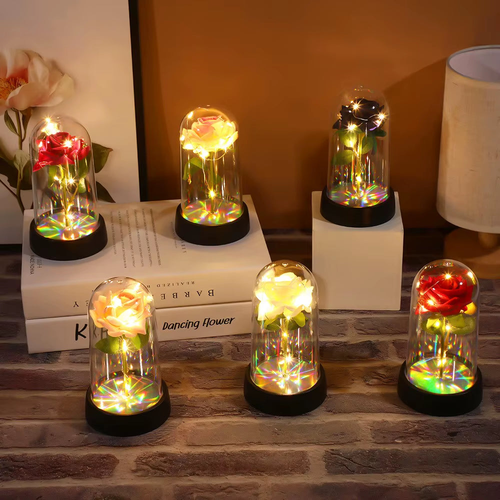 Artificial Flowers LED Red Rose Creative Valentine'S Day Gift Rose in Glass Cover with Stand Light up Rose Wedding Galaxy Rose