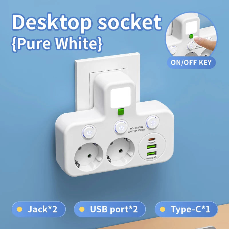 EU Plug Outlet 4 Sockets Multitap Wall Power Strip Electrical Socket 2 USB 1 Type-C Ports No Extension Cord with 2500W MAX Power