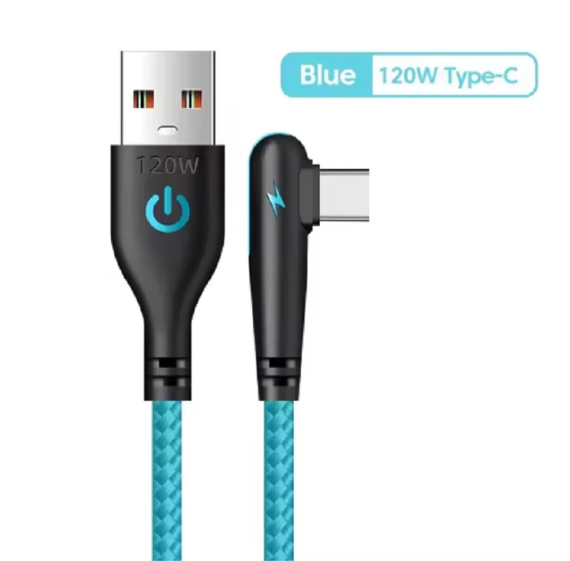 120W USB to Type-C Fast Charging Cable 90Degree Elbow Design Nylon Braided Mobile Phone Data Cord for Huawei Oppo Xiaomi Samsung