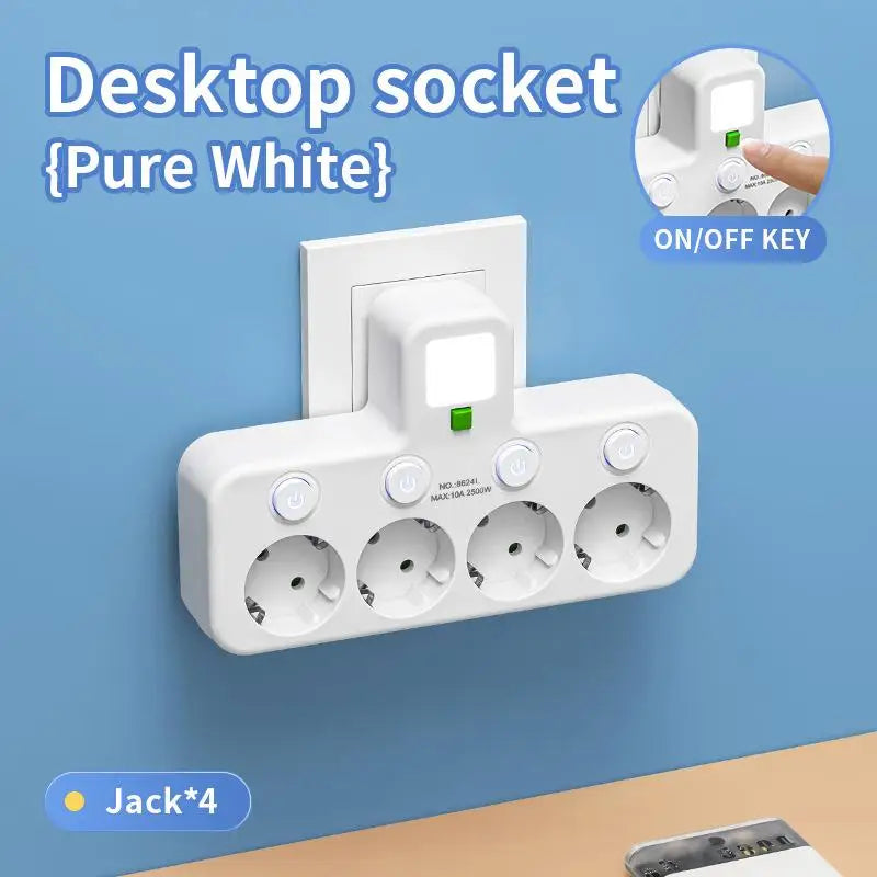 EU Plug Outlet 4 Sockets Multitap Wall Power Strip Electrical Socket 2 USB 1 Type-C Ports No Extension Cord with 2500W MAX Power