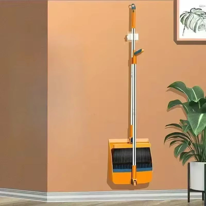 Long Handle Broom with Dustpan Set 180-Degree Angle Adjustment Stiff Bristles Buckle Type Broom Dustpan Set with Scraping Teeth