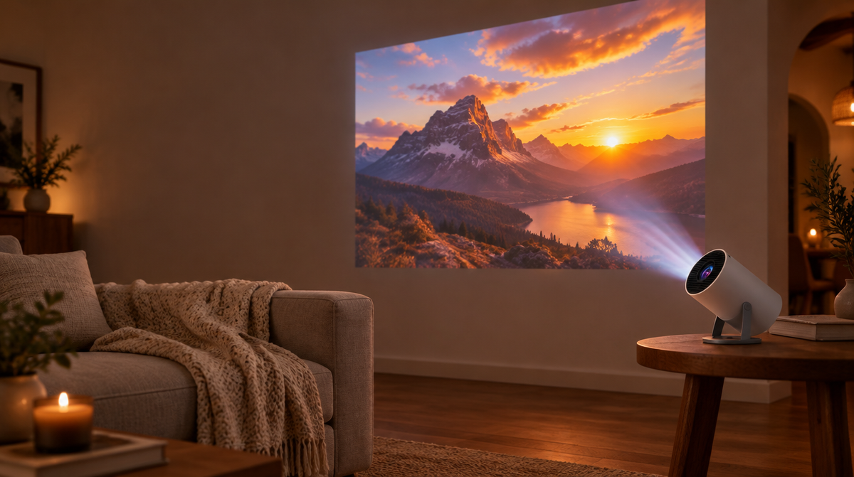 Proyector HY300 Pro proyectando en la pared del salón
