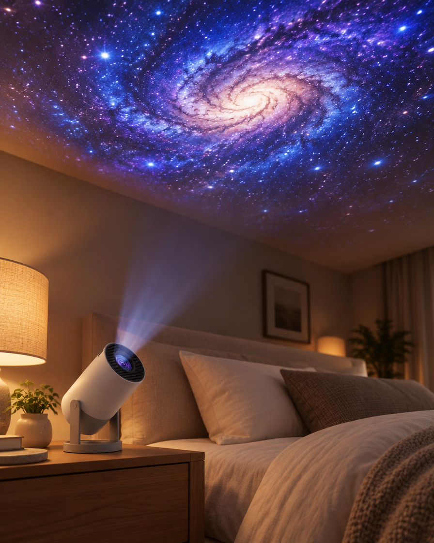 Proyector HY300 Pro proyectando una galaxia en el techo del dormitorio